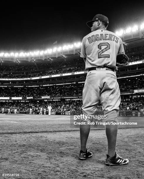 Xander Bogaerts of the Boston Red Sox looks on during the game against the New York Yankees at Yankee Stadium on June 7, 2017 in the Bronx borough of...