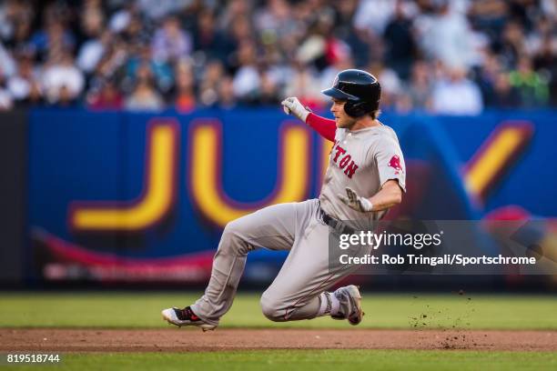 Josh Rutledge the Boston Red Sox slides during the game against the New York Yankees at Yankee Stadium on June 7, 2017 in the Bronx borough of New...