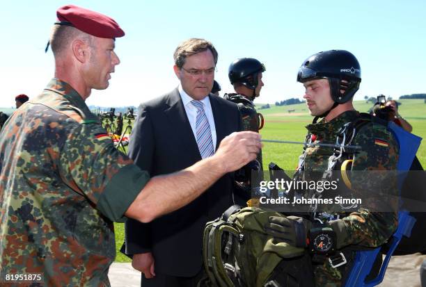 German Defense Minister Franz Josef Jung is seen during his visit of military school for air transportation on July 16, 2008 in Altenstadt, Germany....