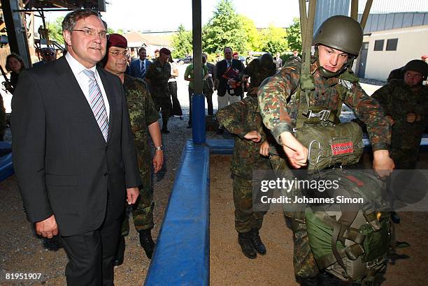 German Defense Minister Franz Josef Jung is seen during his visit of military school for air transportation on July 16, 2008 in Altenstadt, Germany....