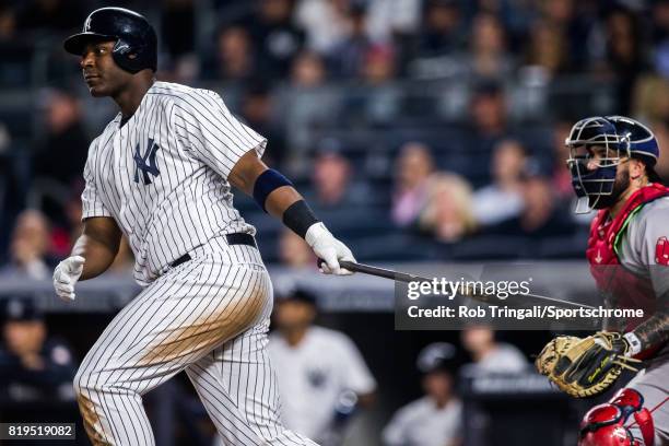 Chris Carter of the New York Yankees bats during the game Boston Red Sox at Yankee Stadium on June 7, 2017 in the Bronx borough of New York City.