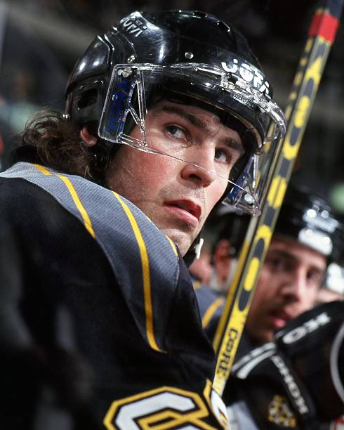 Jaromir Jagr of the Pittsburgh Penguins watches action from bench during game against the Boston Bruins at the Fleet Center.