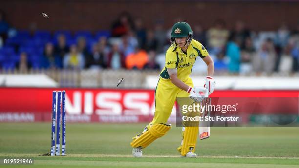 Australia captain Meg Lanning is bowled for 0 during the ICC Women's World Cup 2017 Semi-Final match between Australia and India at The 3aaa County...