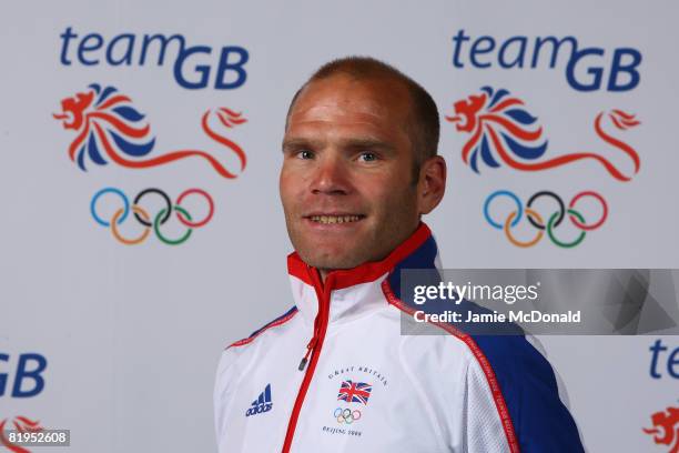 Roger Hammond of the British Olympic Cycling Team poses for a photograph during the Team GB Kitting Out at the NEC on July 16, 2008 in Birmingham,...