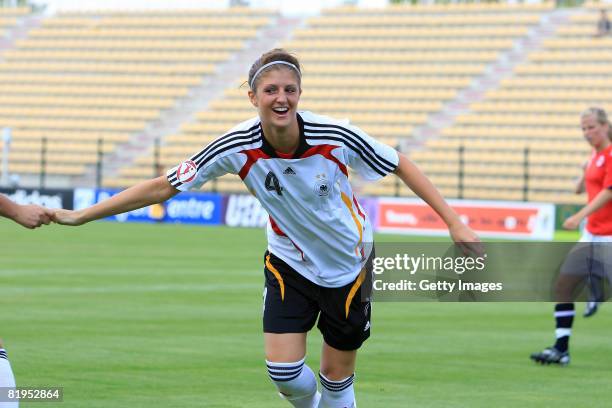 Stefanie Mirlach of Germany celebrates after her goal during the Women's U19 European Championship match between Germany and Norway at the Valle du...