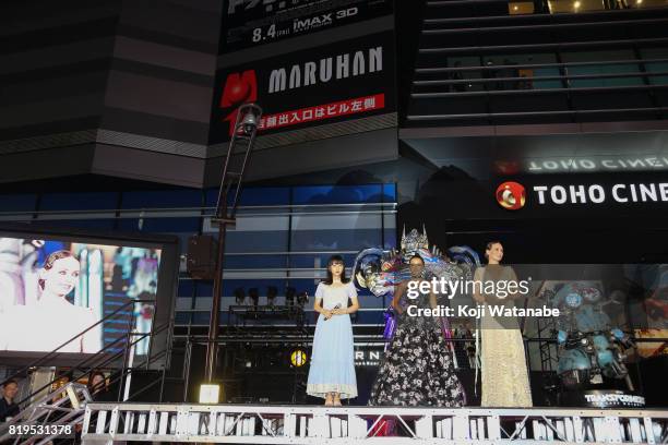 Hinako Sakurai, Isabela Moner and Laura Haddock attend the Japanese premiere of "Transformers: The Last Knight" at TOHO Cinemas Shinjuku on July 20,...