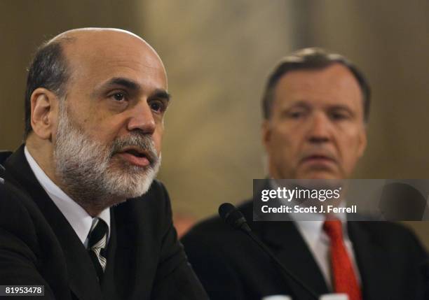 Federal Reserve Chairman Ben S. Bernanke, and Securities and Exchange Commission Chairman Christopher Cox testifiy during the Senate Banking hearing...