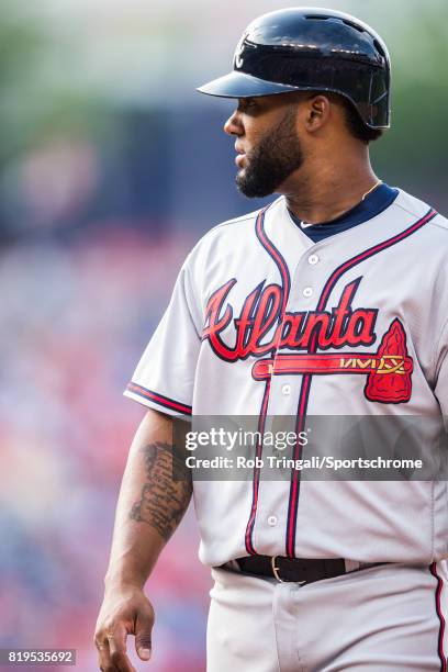 Danny Santana of the Atlanta Braves looks on during the game against the Washington Nationals at Nationals Park on June 14, 2017 in Washington, DC.