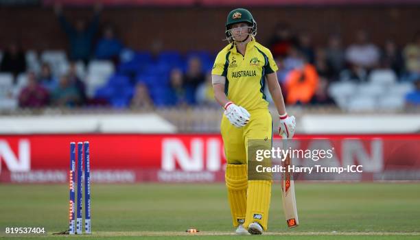 Meg Lanning of Australia walks off after being dismissed for 0 during the ICC Women's World Cup 2017 match between Australia and India at The 3aaa...