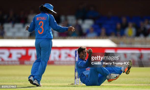 Deepti Sharma of India celebrates as she takes a catch off her own bowling to dismiss Nicole Bolton of Australia during the ICC Women's World Cup...