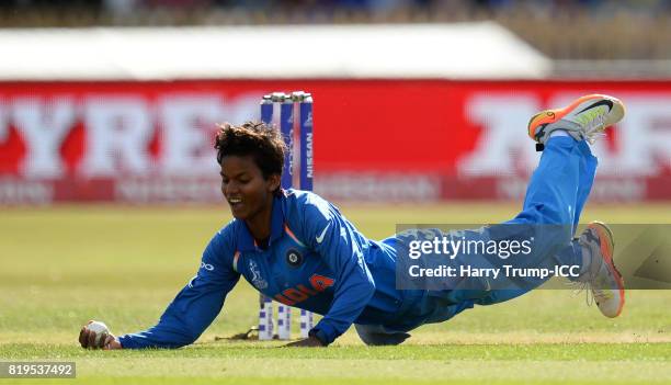 Deepti Sharma of India takes a catch off her own bowling to dismiss Nicole Bolton of Australia during the ICC Women's World Cup 2017 match between...