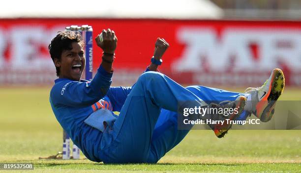 Deepti Sharma of India celebrates as she takes a catch off her own bowling to dismiss Nicole Bolton of Australia during the ICC Women's World Cup...