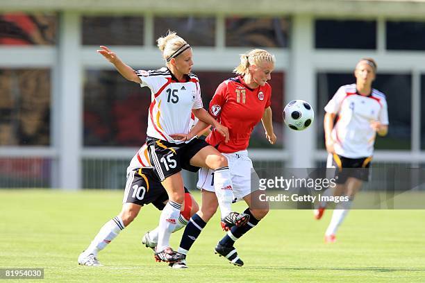 Julia Simic of Germany and June Tames of Norway fight for the ball during the Women's U19 European Championship match between Germany and Norway at...