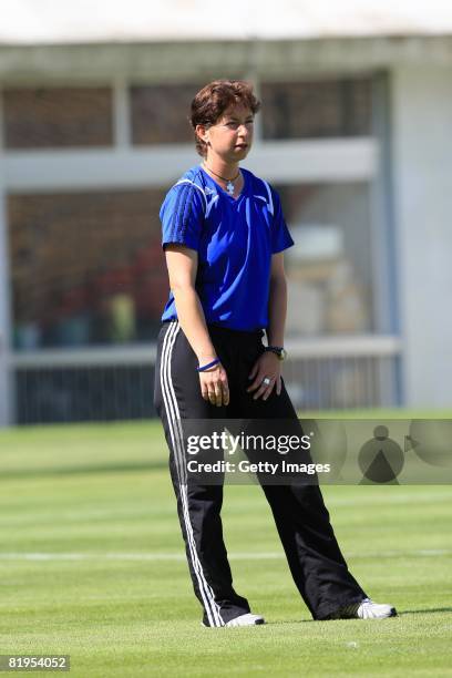 Maren Meinert, coach of Germany, is seen during the Women's U19 European Championship match between Germany and Norway at Valle du Cher stadium on...