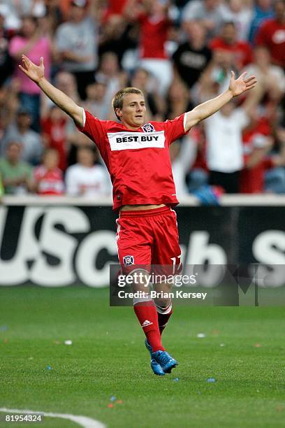 Chris Rolfe of the Chicago Fire celebrates his goal against Toronto FC during the first half at Toyota Park on July 12, 2008 in Bridgeview, Illinois....