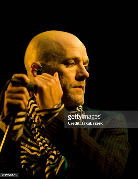 Singer Michael Stipe of the US Rock band 'R.E.M.' performs live during a concert at the Waldbuehne on July 16, 2008 in Berlin, Germany. The concert...