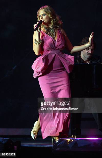 Singer and TV hostess Barbara Schoeneberger performs on stage during the Thurn and Taxis Castle Summer Festival on July 16, 2008 in Regensburg,...
