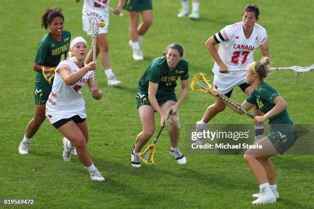 Kay Morissette of Canada gains possession of the ball during the semi-final match between Australia and Canada during the 2017 FIL Rathbones Women's...