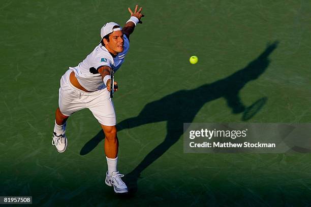 Tommy Haas of Germany lunges for a shot while playing John Isner during the Indianapolis Tennis Championships at the Indianapolis Tennis Center July...