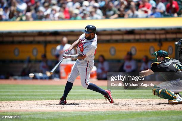 Danny Santana of the Atlanta Braves bats during the game against the Oakland Athletics at the Oakland Alameda Coliseum on July 1, 2017 in Oakland,...