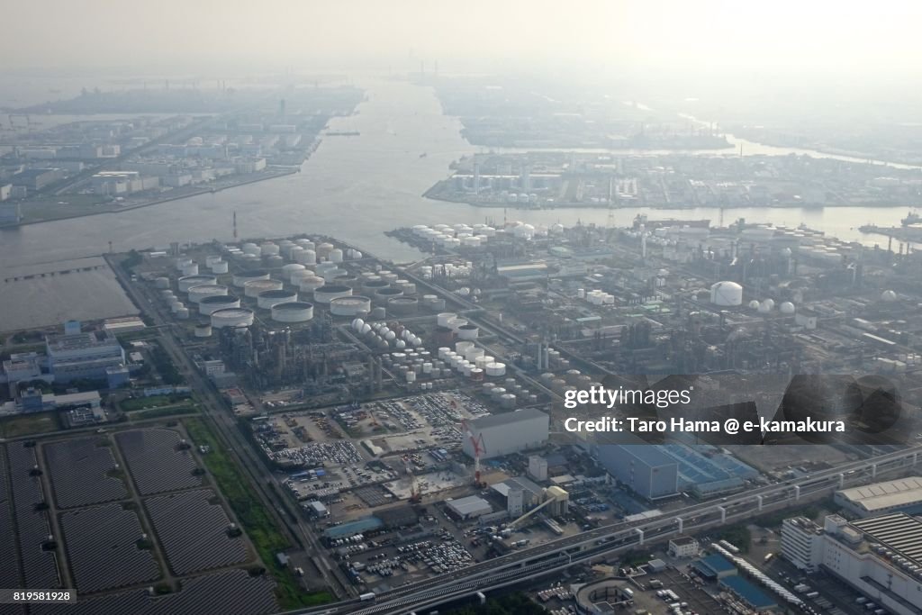 Factory area in Kawasaki city in Kanagawa prefecture sunset time aerial view from airplane