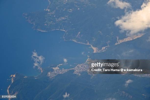 nishiizu town in shizuoka prefecture daytime aerial view from airplane - izu peninsula stock pictures, royalty-free photos & images