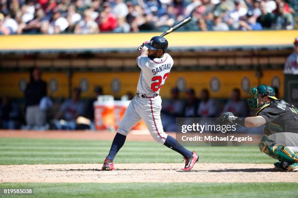 Danny Santana of the Atlanta Braves bats during the game against the Oakland Athletics at the Oakland Alameda Coliseum on July 1, 2017 in Oakland,...