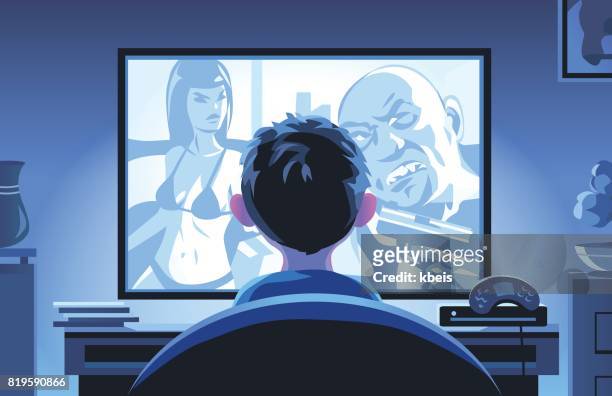 little boy watching movie late at night - look back stock illustrations