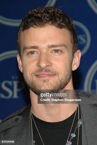 Host Justin Timberlake poses in the press room at the 2008 ESPY Awards held at NOKIA Theatre L.A. LIVE on July 16, 2008 in Los Angeles, California....