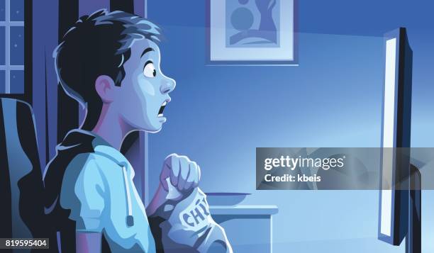 ilustrações de stock, clip art, desenhos animados e ícones de boy watching tv at night - watching tv