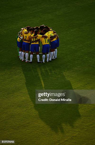 Team Brazil huddles at the start of the International Friendly Match between Brazil and the United States at the Torero Stadium July 16, 2008 in San...