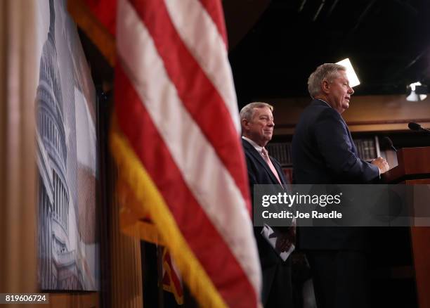 Senate Minority Whip Dick Durbin, and Sen. Lindsey Graham, attend a press conference about the Dream Act of 2017 in the Capitol building on July 20,...