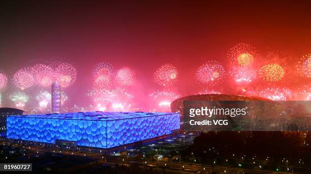 Fireworks explode over the National and swimming Stadia during a rehearsal for the opening ceremony of the 2008 Beijing Olympic Games on July 16,...