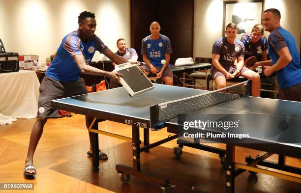 Leicester City's Wilfred Ndidi without a proper bat relaxes after training In Hong Kong by playing table tennis during their pre-season tour of Hong...