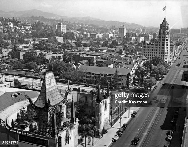 View over Hollywood Boulevard and Grauman's Chinese Theatre , Hollywood, California, circa 1930. At top right is the Hollywood First National Bank,...