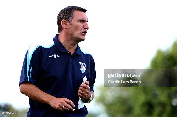 Manager Tony Mowbray of West Bromwich Albion looks on during a pre season friendly match between Borussia Moenchengladbach and West Bromwich at the...