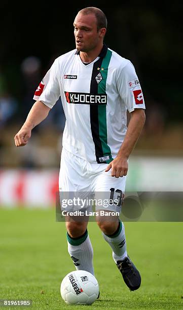 Alexander Voigt of Borussia Moenchengladbach with the ball at his feet during a pre season friendly match between Borussia Moenchengladbach and West...