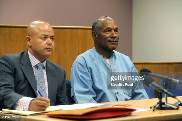 Simpson attends his parole hearing with his attorney Malcolm LaVergne at Lovelock Correctional Center July 20, 2017 in Lovelock, Nevada. Simpson is...