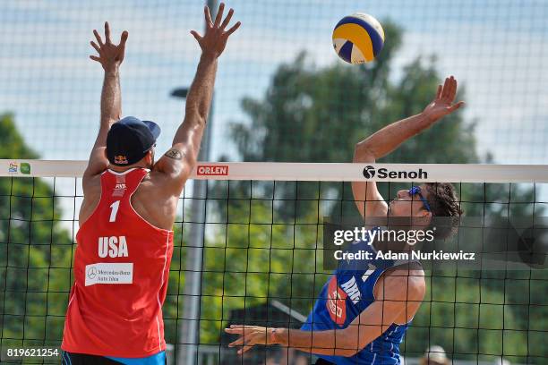 S Phil Dalhausser and Argentina's Nicolas Capgrosso in action during FIVB Grand Tour - Olsztyn: Day 2 on July 20, 2017 in Olsztyn, Poland.