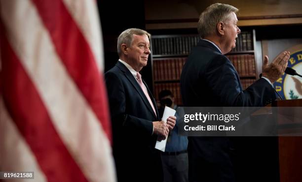 Sen. Lindsey Graham, R-S.C., right, and Senate Minority Whip Dick Durbin, D-Ill., hold a news conference to discuss the bipartisan "The Dream Act of...
