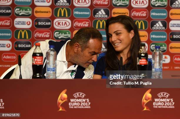 Head Coach Antonio Cabrini and Alia Guagni of Italy women's national team answer questions during a press conference, on the eve of their UEFA...