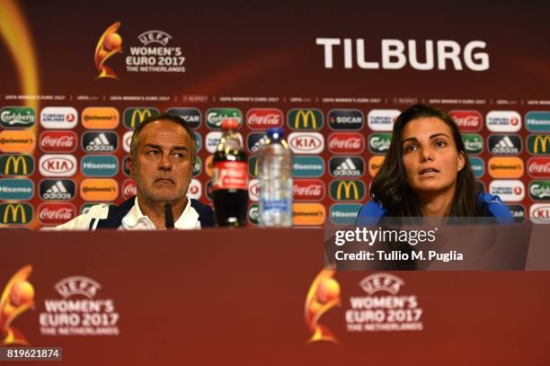 Head Coach Antonio Cabrini and Alia Guagni of Italy women's national team answer questions during a press conference, on the eve of their UEFA...