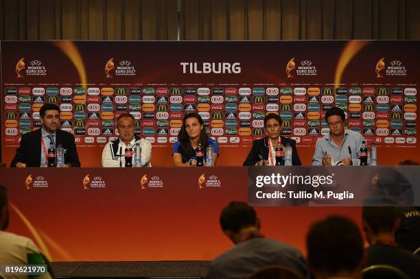 Head Coach Antonio Cabrini and Alia Guagni of Italy women's national team answer questions during a press conference, on the eve of their UEFA...