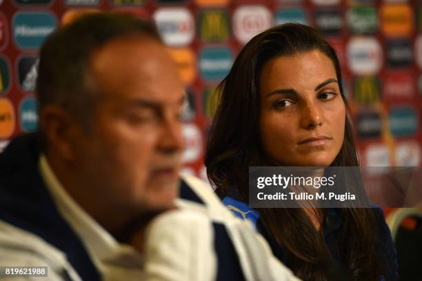 Head Coach Antonio Cabrini and Alia Guagni of Italy women's national team answer questions during a press conference, on the eve of their UEFA...