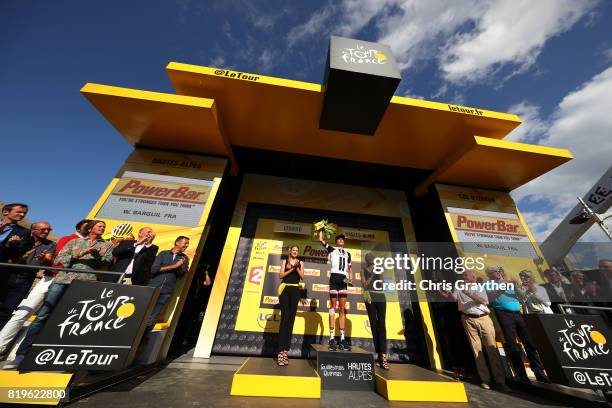 Warren Barguil of France riding for Team Sunweb in poses for a photo on the podium after winning stage 18 of the 2017 Le Tour de France, a 179.5km...