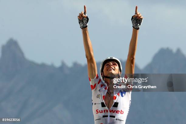 Warren Barguil of France riding for Team Sunweb celebrates as he wins stage 18 of the 2017 Le Tour de France, a 179.5km stage from Briançon to Izoard...