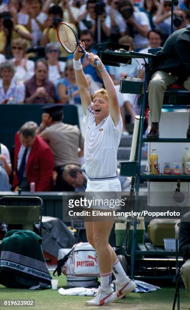 Boris Becker of Germany celebrates winning the men's singles final on Centre Court at the Wimbledon Lawn Tennis Championships in London on 6th July...