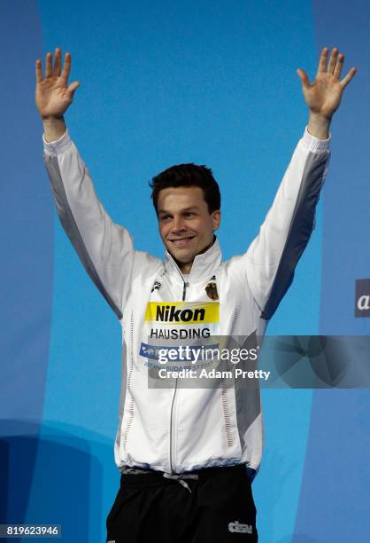 Silver medalist Patrick Hausding of Germany celebrates during the meal ceremony for the Men's 3M Springboard final on day seven of the Budapest 2017...