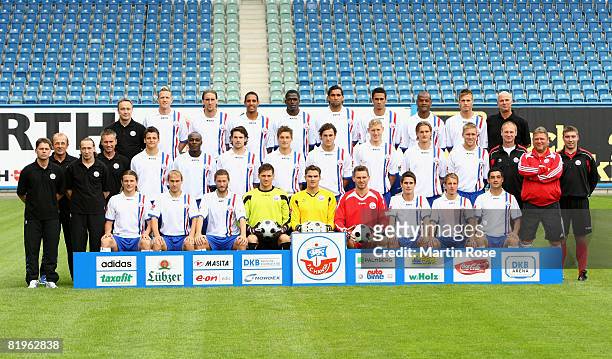 The team of Hansa Rostock poses during the Bundesliga 1st Team Presentation of Hansa Rostock at the DKB Arena on July 17, 2008 in Rostock, Germany....