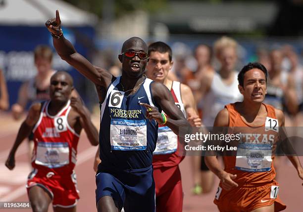 Lopez Lomong of Northern Arizona celebrates after holding off Leonel Manzano of Texas, right, to win the 1,500 meters, 3:37.07 to 3:37.48, in the...